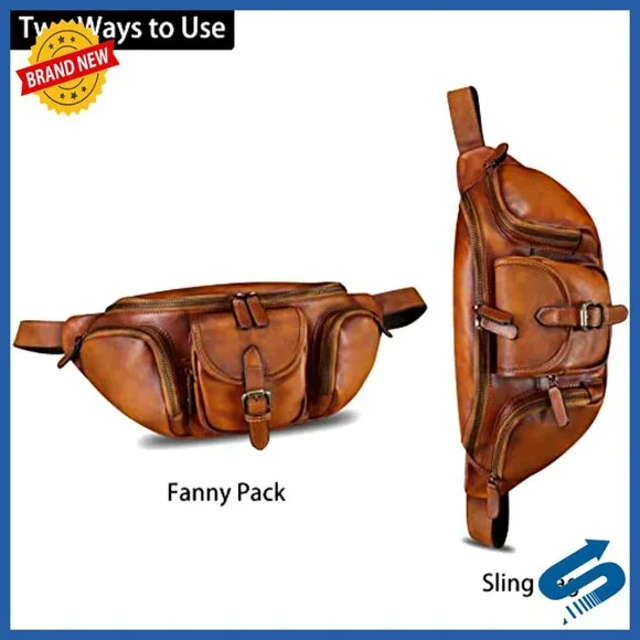Genuine Leather Fanny Pack Crossbody Bag with Multiple Pockets